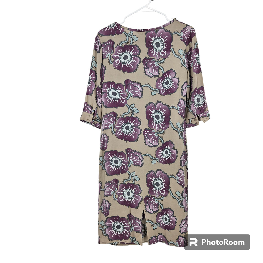 Tucker Shift Dress Purple Tan Floral Print Silk Ruffled Half Sleeve Midi Size S - Picture 7 of 7